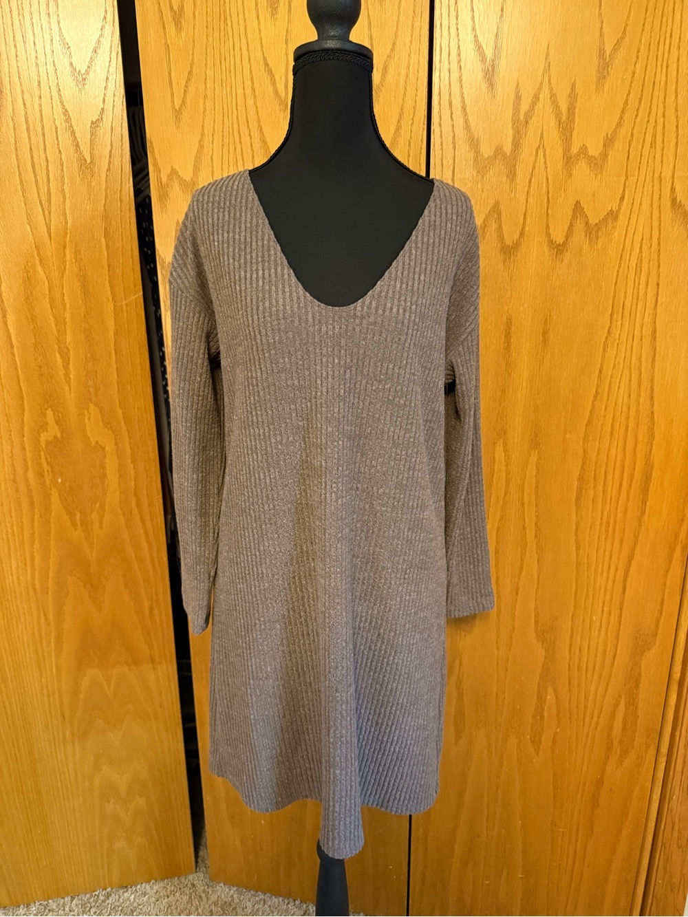 V-Neck Ribbed Knit Dress in Taupe
